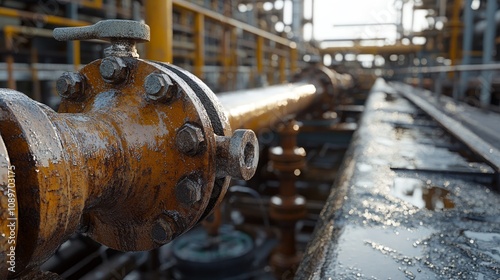 Rusty Valve On Industrial Pipeline In Refinery