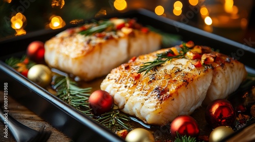 Roasted cod fillets with festive garnish for Christmas dinner.