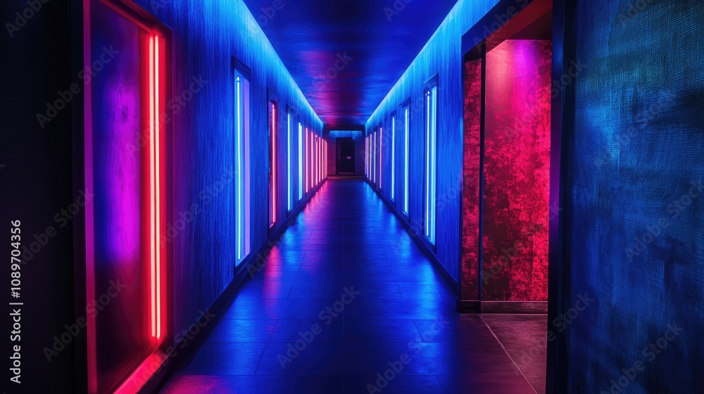 Fototapeta premium Neon-lit hallway with pink and blue lighting.