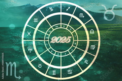 Horóscopo y predicciones 2025. Eje de signos fijos: Tauro- Escorpio. Carta astral y símbolos astrológicos. Elementos tierra y agua. Astrología.  Año nuevo   photo