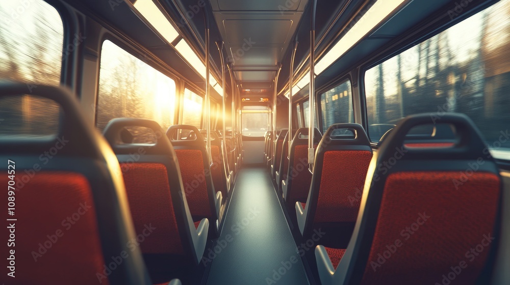 Empty Train Interior with Rows of Seats Bathed in Warm Golden Light from Sunset, Creating a Tranquil and Inviting Atmosphere for Travelers Empty Train Interior with Rows of Seats Bathed in Warm Golden Light from Sunset, Creating a Tranquil and Inviting Atmosphere for Travelers