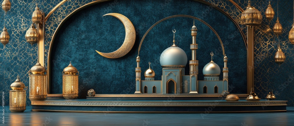 Fototapeta premium Festive Islamic scene with mosque, crescent moon, lanterns, and ornate details.