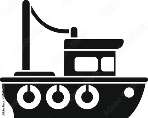 Simple fishing boat with crane lifting equipment icon in black solid style