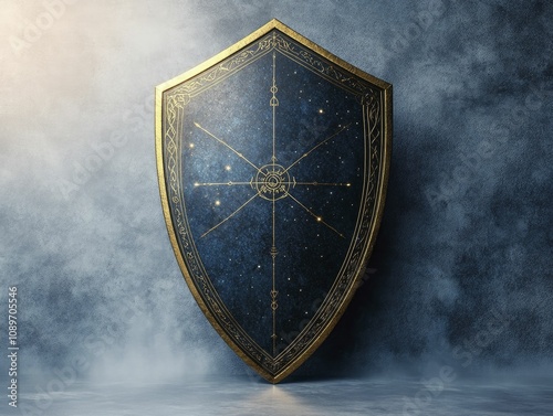 Shield embellished with celestial patterns, radiant runes inscribed along the perimeter, vibrant color backdrop. photo