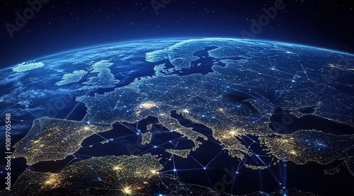 A wide shot of the Earth, with glowing connections between cities in Europe