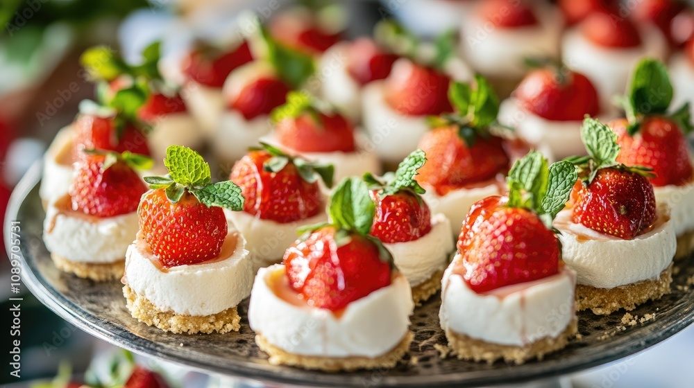 Delightful Mini Cheesecakes Topped with Fresh Strawberries and Mint Leaves for an Elegant Dessert Display at a Festive Gathering or Celebration Delightful Mini Cheesecakes Topped with Fresh Strawberries and Mint Leaves for an Elegant Dessert Display at a Festive Gathering or Celebration