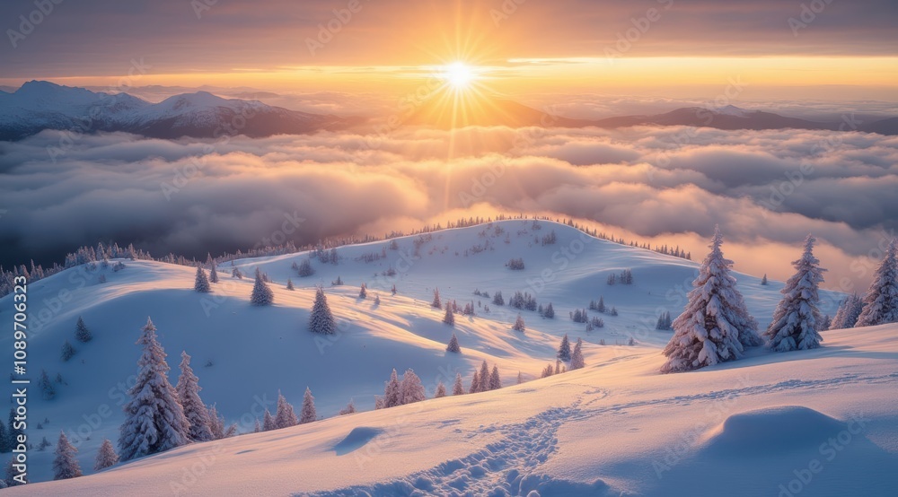 Majestic winter sunrise over snow-covered mountains Majestic winter sunrise over snow-covered mountains