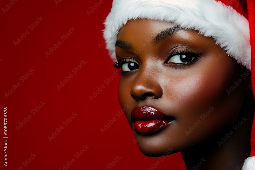 African woman in Santa suit, close-up on deep red background African woman in Santa suit, close-up on deep red background