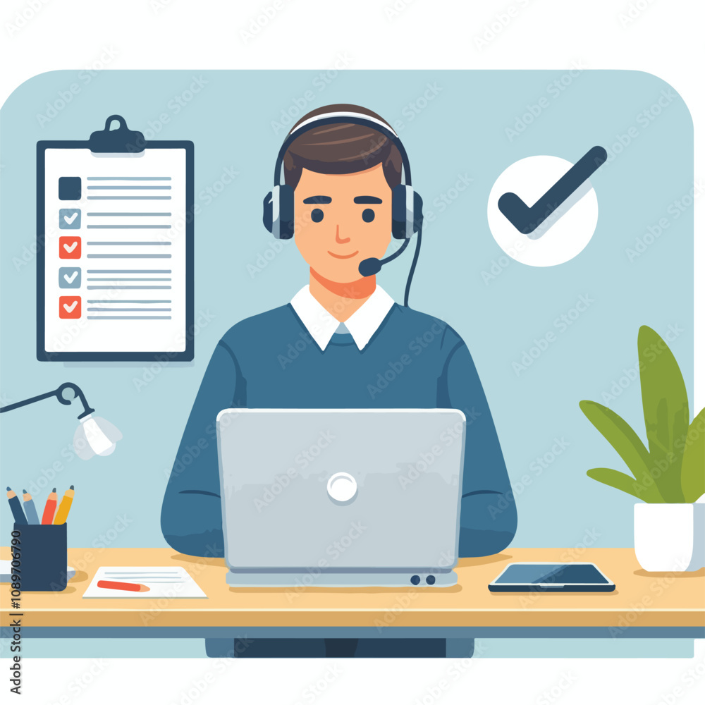 Flat illustration of operator of call center agent or customer service working in headphone and mic sitting at desk with laptop computer checklist and checkmark on a white background Flat illustration of operator of call center agent or customer service working in headphone and mic sitting at desk with laptop computer checklist and checkmark on a white background