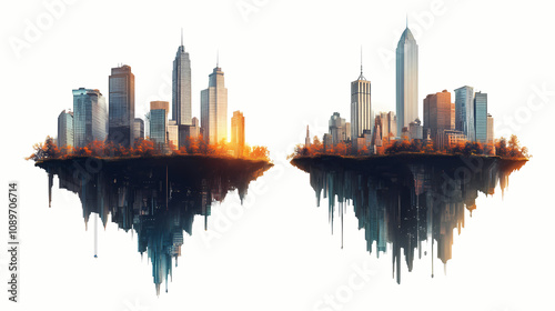 Floating cityscapes isolated on transparent background perfect for urban and futuristic themed projects high quality and imaginative illustration for commercial use. Floating Island City. Illustration