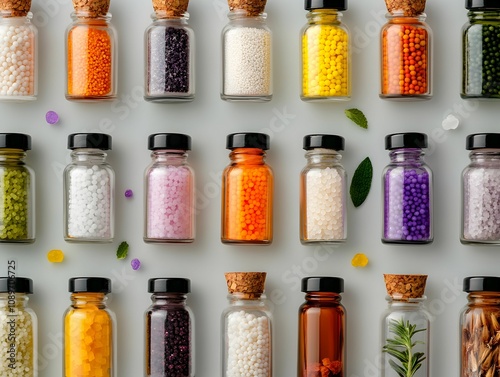 A row of glass jars filled with various colored powders and herbs