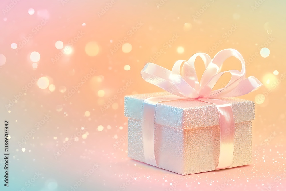 Fototapeta premium Clean outline of a gift box with ribbons glowing softly on a pastel gradient