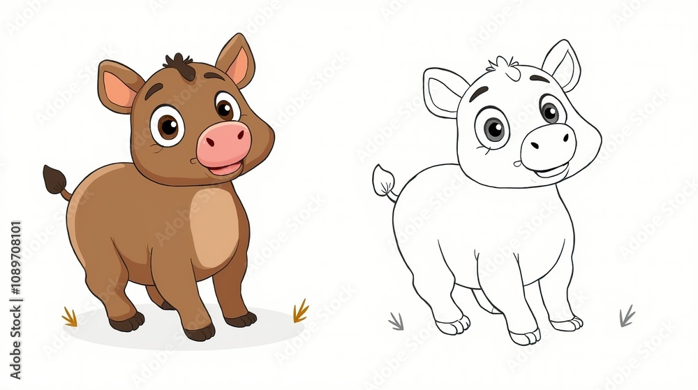 Fototapeta premium Adorable Tapir Cartoon Character in Color and Outline Versions