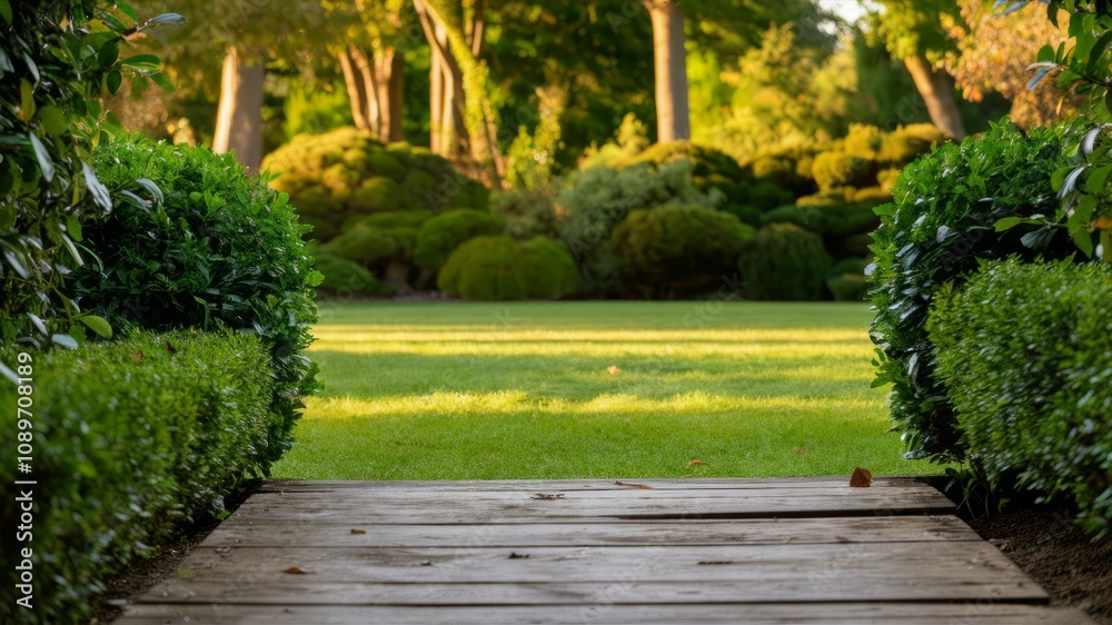 Obraz premium Serene Garden Path: A wooden pathway leads to a lush, vibrant garden, bathed in the warm glow of sunlight. The meticulously manicured hedges and lawns create a tranquil and inviting atmosphere.