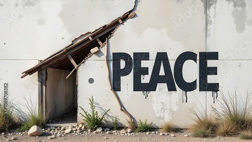 Peace Graffiti on Cracked Wall with Rustic Elements