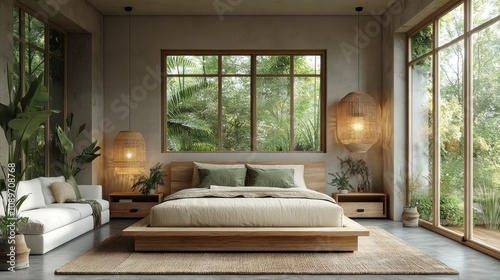 Here's a description and keywords for your stock photo.. Serene bedroom with natural wood platform bed,  large windows overlooking lush greenery, and woven pendant lights. photo