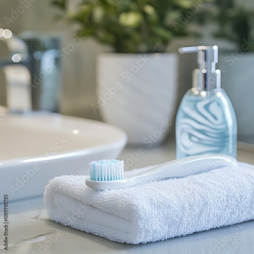 A close-up of a toothbrush with toothpaste elegantly swirled on its bristles, resting on a white towel, alongside a bottle of mouthwash in a modern bathroom photo