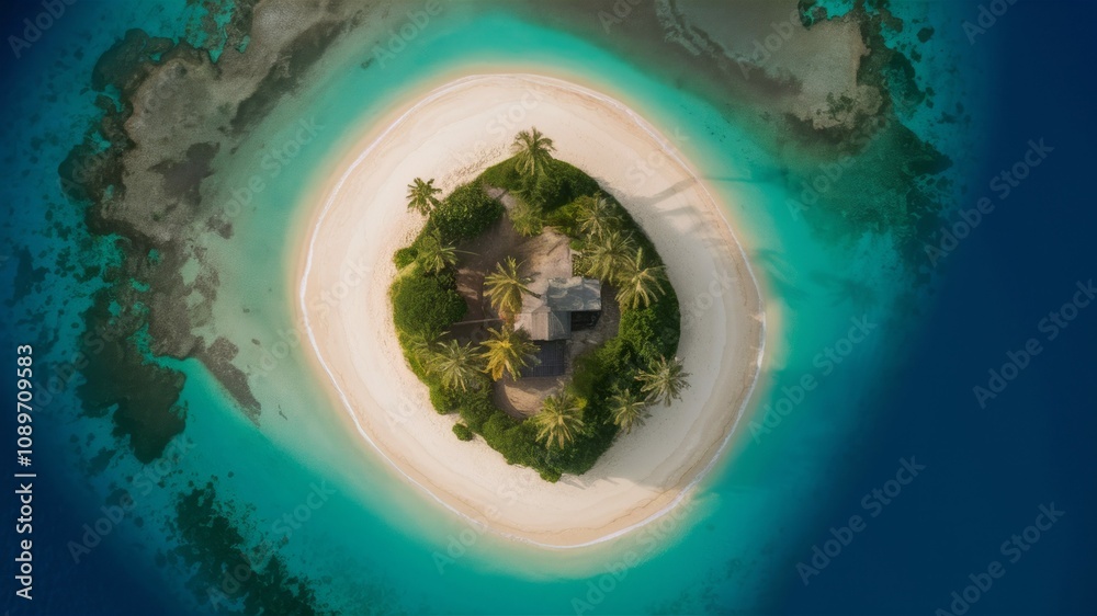 Fototapeta premium Secluded Paradise: A solitary island, ringed by turquoise waters, offers a serene escape from the world. Discover the beauty of a tropical haven, where nature reigns supreme. 