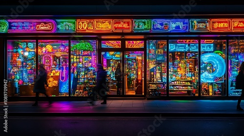 Wallpaper Mural Vibrant Neon-Lit Storefront at Night. Torontodigital.ca
