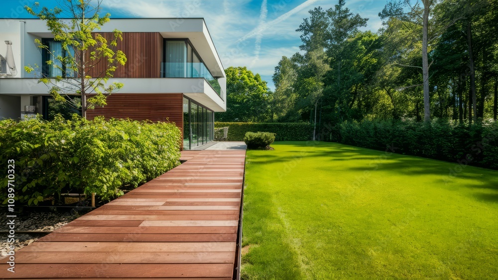 Modern Luxury Home with Wooden Deck and Lush Lawn: A stunning architectural masterpiece with clean lines, modern design, and a manicured lawn. Modern Luxury Home with Wooden Deck and Lush Lawn: A stunning architectural masterpiece with clean lines, modern design, and a manicured lawn.