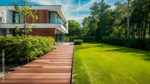 Wallpaper Mural Modern Luxury Home with Wooden Deck and Lush Lawn: A stunning architectural masterpiece with clean lines, modern design, and a manicured lawn. Torontodigital.ca