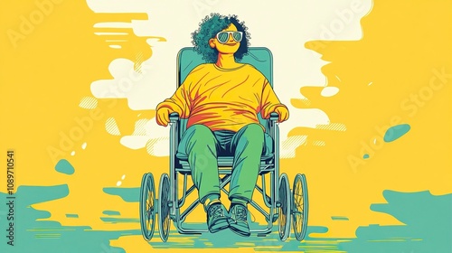 Person with disabilities, 2d cartoon graphics, line drawing, simple bold colors, vector, abstract , clean, flat illustration, green and yellow color, generative ai photo