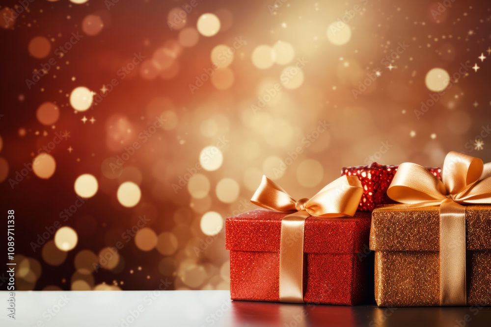 Fototapeta premium Close up red and Golden gift box for Christmas Eve or New Year over light blurred background 