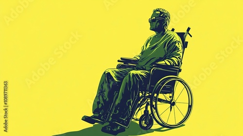 Person with disabilities, 2d cartoon graphics, line drawing, simple bold colors, vector, abstract , clean, flat illustration, green and yellow color, generative ai photo