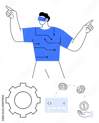 Individual wearing VR headset, circuit-patterned shirt. Below are a gear, coins, credit card, and hand holding a coin. Ideal for technology, innovation, finance virtual reality engineering digital