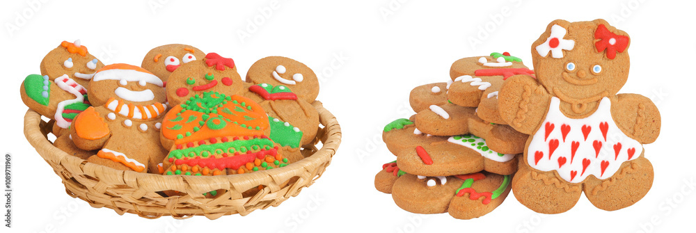 christmas gingerbread cookie in a wicker basket isolated on white background christmas gingerbread cookie in a wicker basket isolated on white background