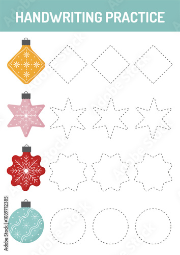 Printable tracing worksheet, handwriting practice for preschoolers, toddlers, kindergarten, homeschooling. Christmas Toddler busy book page. Educational game, early writing practice. Teacher resources