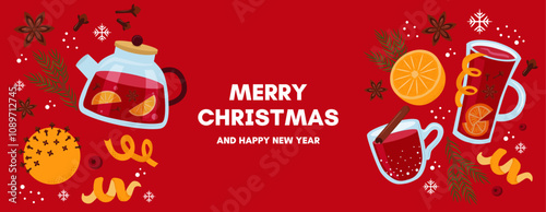 Stock vector christmas banner. Mulled wine, orange, spices on red background.