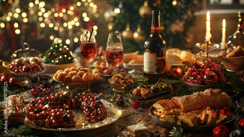 Wallpaper Mural A festive Christmas table setting with a variety of food and drinks, including wine, appetizers, and desserts, all arranged around a Christmas tree and candles. Torontodigital.ca