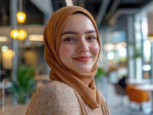 Woman with headscarf in interior photo