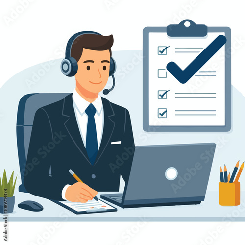 Flat illustration of operator of call center agent or customer service working in headphone and mic sitting at desk with laptop computer checklist and checkmark on a white background