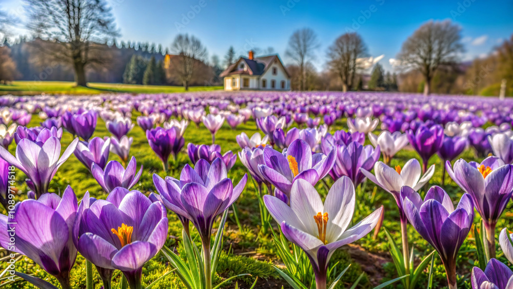 Spring meadow with purple crocus flowers against a blurred background of a country house Spring meadow with purple crocus flowers against a blurred background of a country house