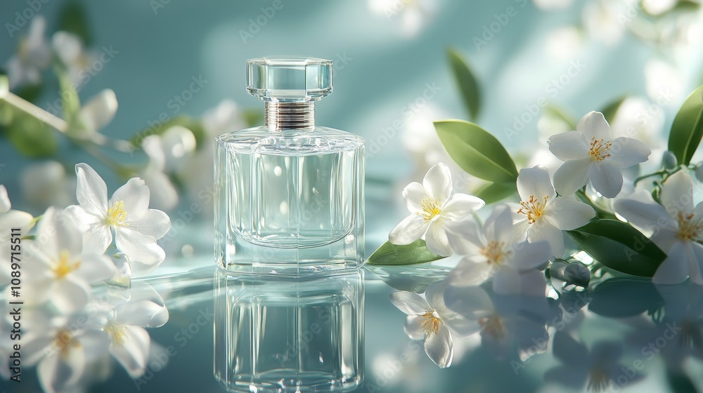 A bottle of perfume is sitting on a table next to some flowers A bottle of perfume is sitting on a table next to some flowers