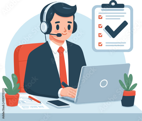 Flat illustration of operator of call center agent or customer service working in headphone and mic sitting at desk with laptop computer checklist and checkmark on a white background