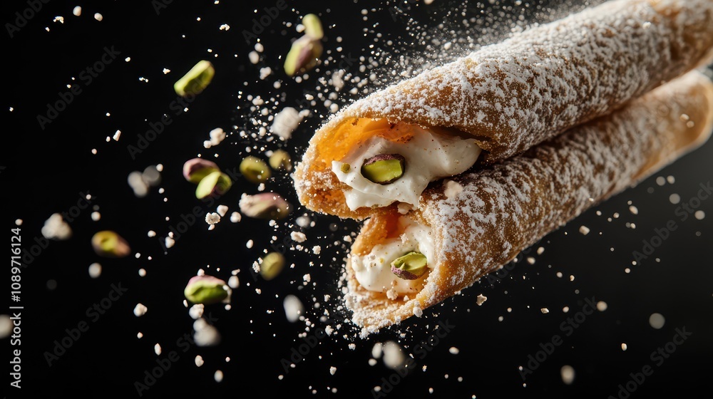 Flying Cannoli Explosion: Crisp Shell Shattering, Ricotta Filling Revealed, and Pistachios Scattering Against a Dramatic Black Background. Ultra Sharp Focus, High-Resolution Food Photography. Flying Cannoli Explosion: Crisp Shell Shattering, Ricotta Filling Revealed, and Pistachios Scattering Against a Dramatic Black Background. Ultra Sharp Focus, High-Resolution Food Photography.
