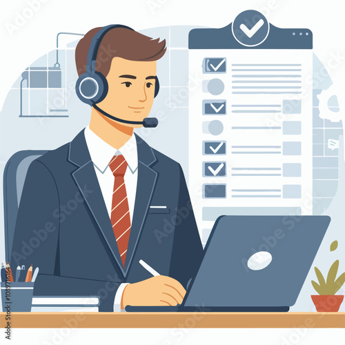 Flat illustration of operator of call center agent or customer service working in headphone and mic sitting at desk with laptop computer checklist and checkmark on a white background