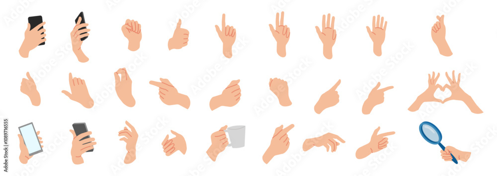 set of cartoon hands, with different gestures, numbers, like, finger heart, holding mug, magnifying glass and others. vector illustration