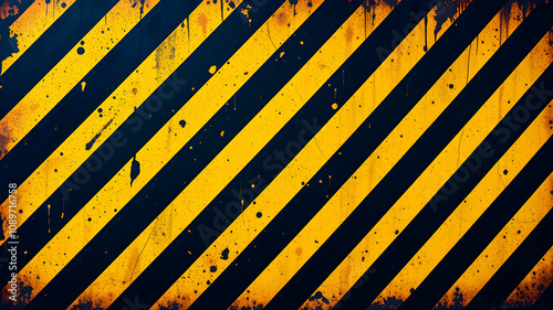 Grungy yellow and black metal background with diagonal stripes ideal for caution or hazard signs. Generative AI