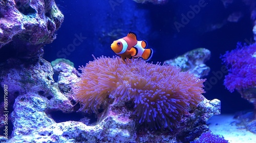 An orange clownfish rests on a purple sea anemone in a vibrant blue aquarium.