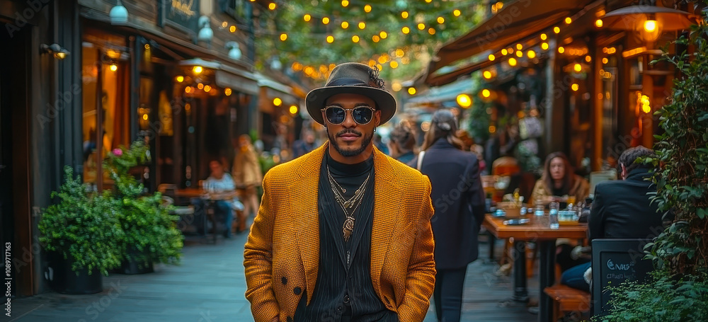 Naklejka premium Trendy Fashion Influencer on Stylish Street with Chic Boutiques and Cozy Cafes