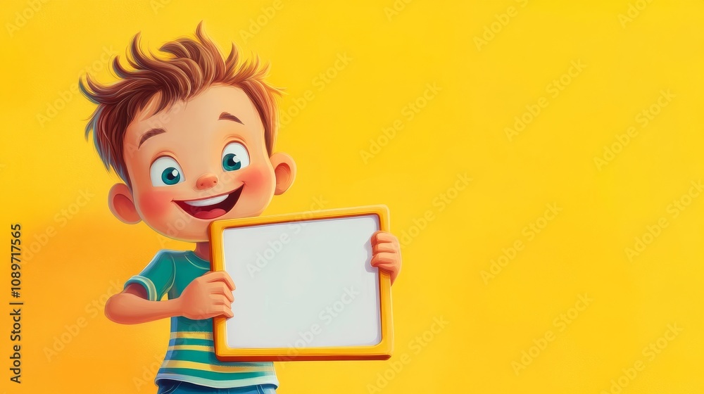 A cartoon boy is holding a white board with a smile on his face A cartoon boy is holding a white board with a smile on his face
