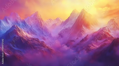 Rugged mountain landscape set ablaze with warm, fiery tones as dawn breaks, casting a mystical glow on mist-shrouded valleys and snow-encrusted peaks. Mystical Foggy Valley. Illustration photo