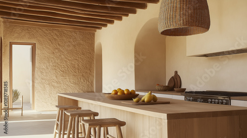 Modern minimalist kitchen featuring wooden island, exposed beams, and texture...