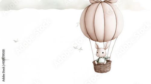 Cute bunny flying in hot air balloon with birds and clouds: children's illust...