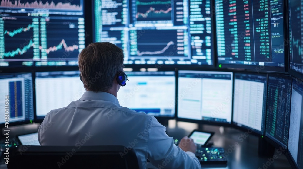 Stock Market and Fossil Energy. Trader at Sleek Trading Floor with Multiple Monitors Stock Market and Fossil Energy. Trader at Sleek Trading Floor with Multiple Monitors