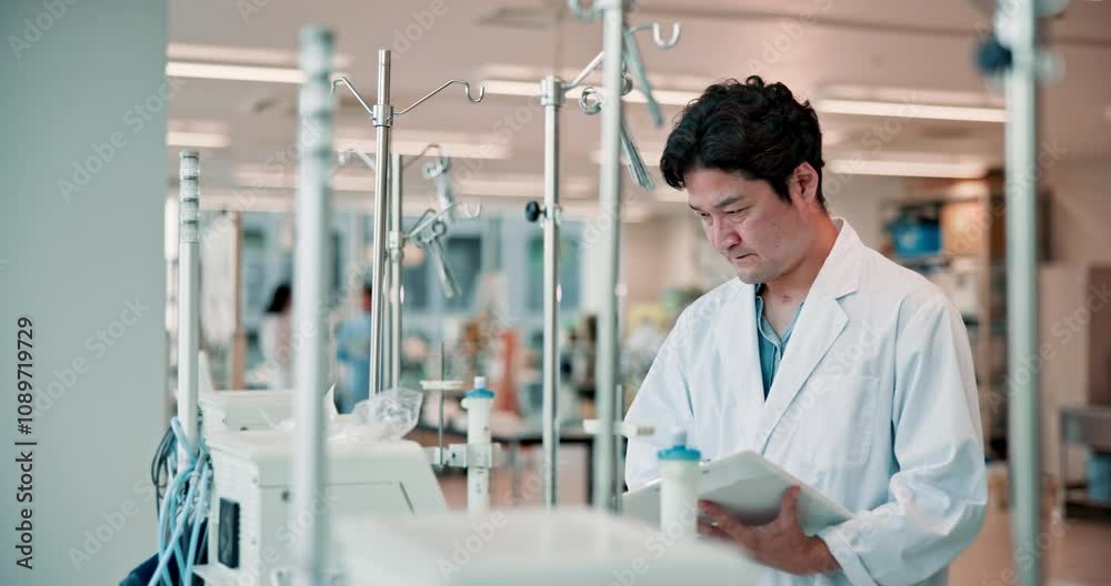 Writing, equipment and clipboard with Japanese man in laboratory for cancer research, science and healthcare. Medical study, dialysis machine and innovation with person in clinical for results